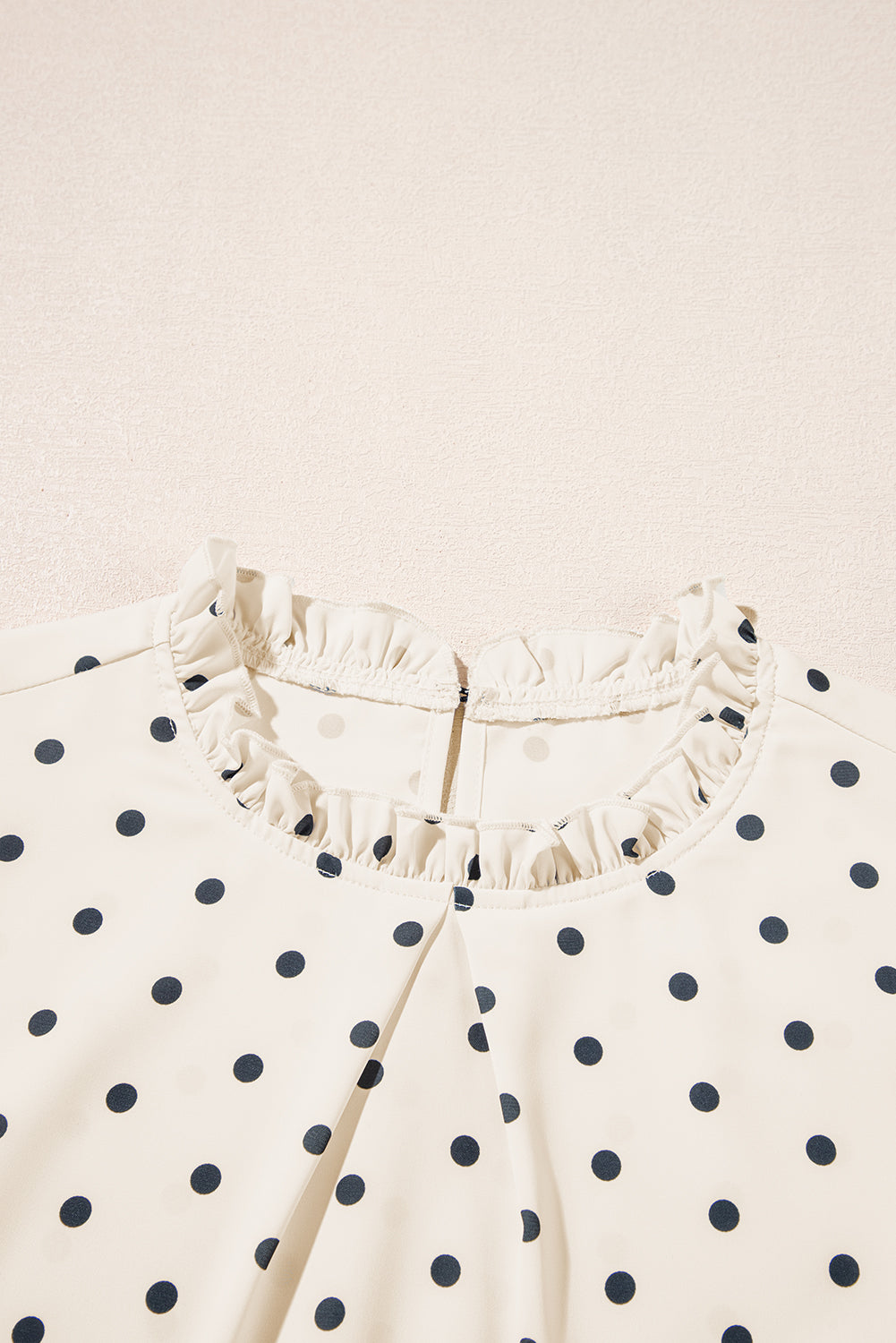 Apricot Polka Dot Print Frill Neck Smocked Lantern Sleeve Blouse