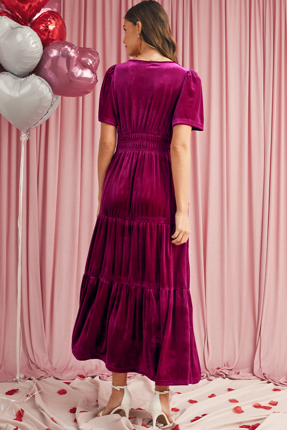 Red Dahlia Velvet Short Sleeve Shirred Waist Tiered Maxi Dress