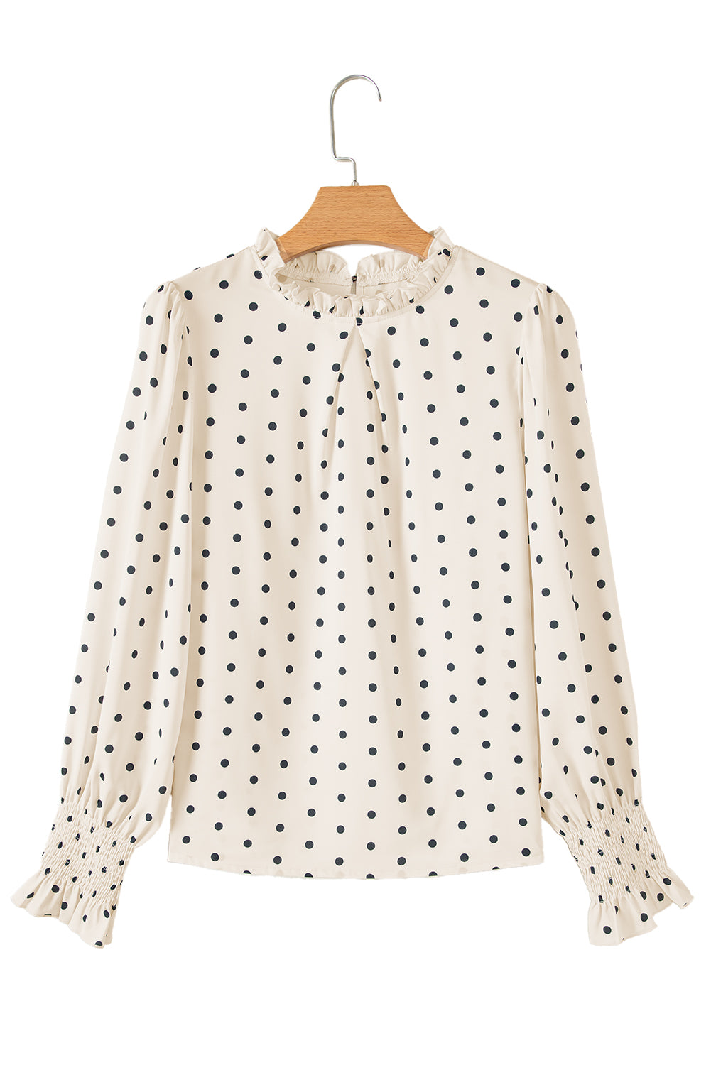 Apricot Polka Dot Print Frill Neck Smocked Lantern Sleeve Blouse