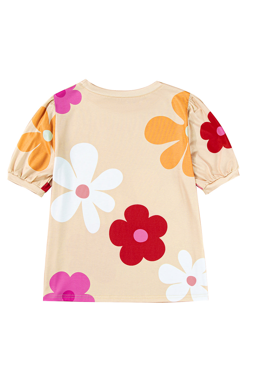 Sky Blue Colorful Flower Print Bubble Sleeve Tee