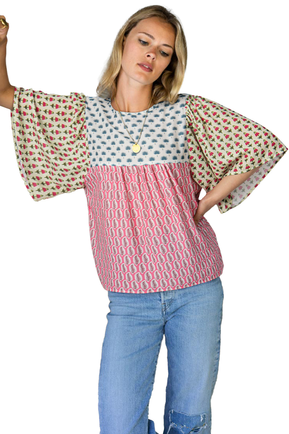 Red Colorblock Floral Flounce Sleeve Blouse