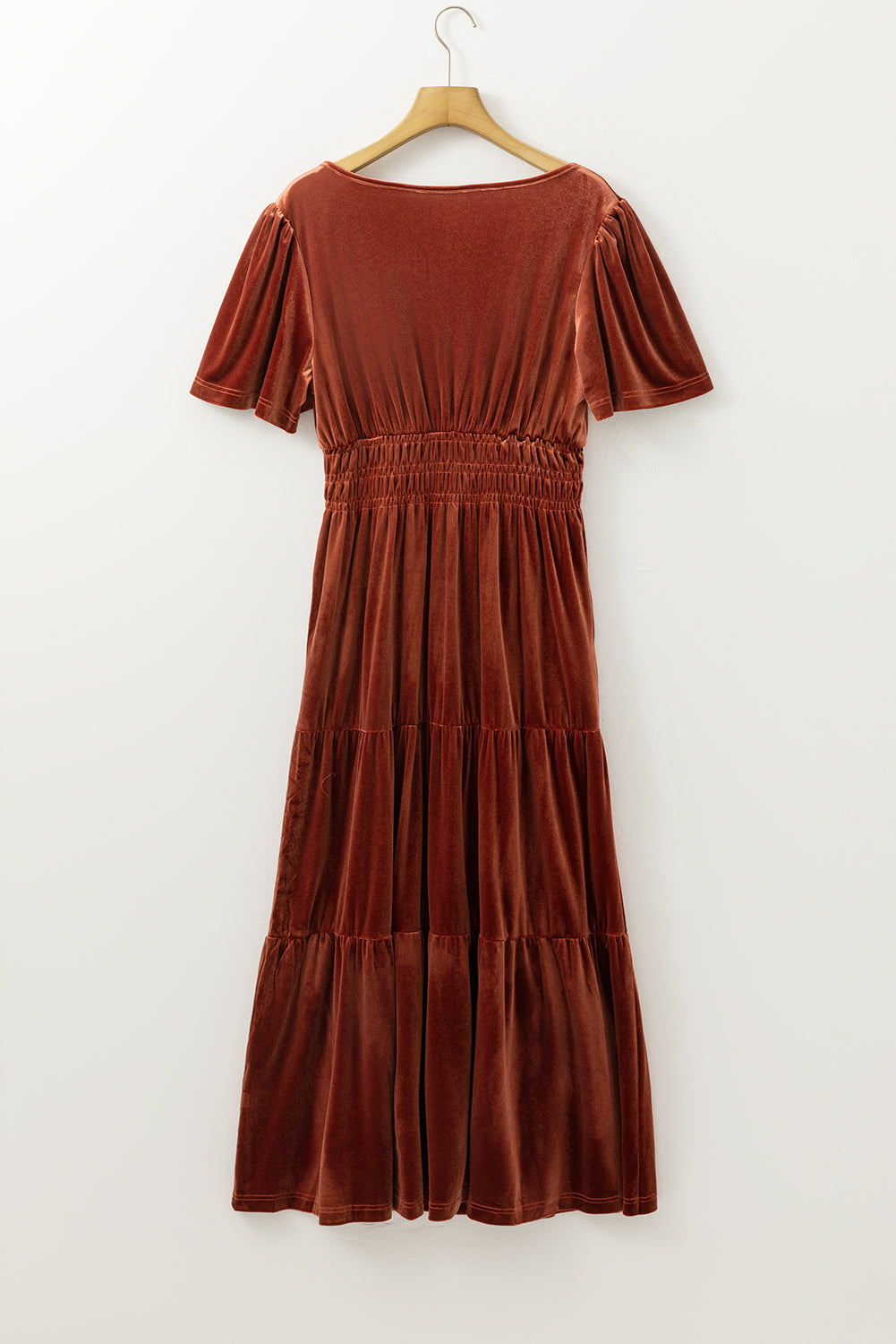 Red Dahlia Velvet Short Sleeve Shirred Waist Tiered Maxi Dress