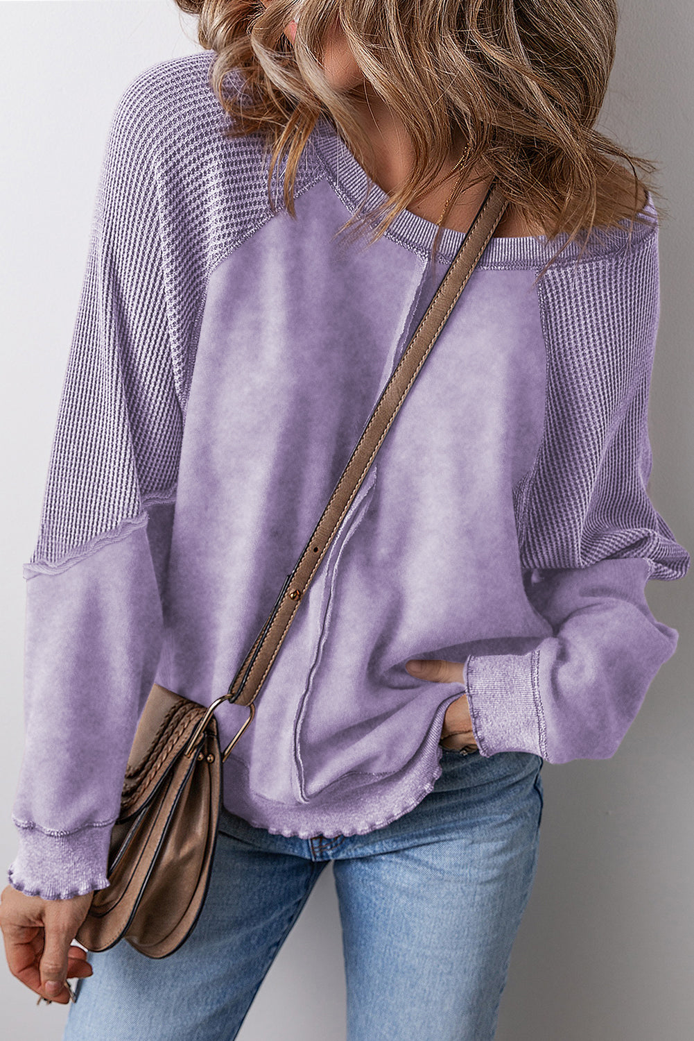 Pink Waffle Patchwork Raglan Sleeve Exposed Seam Sweatshirt
