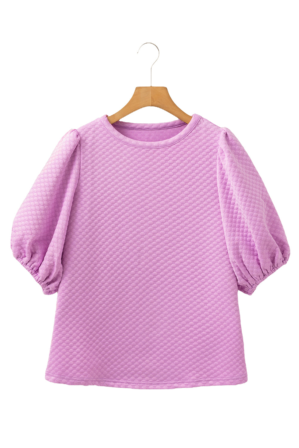 White Solid Textured O Neck Puff Sleeve Blouse