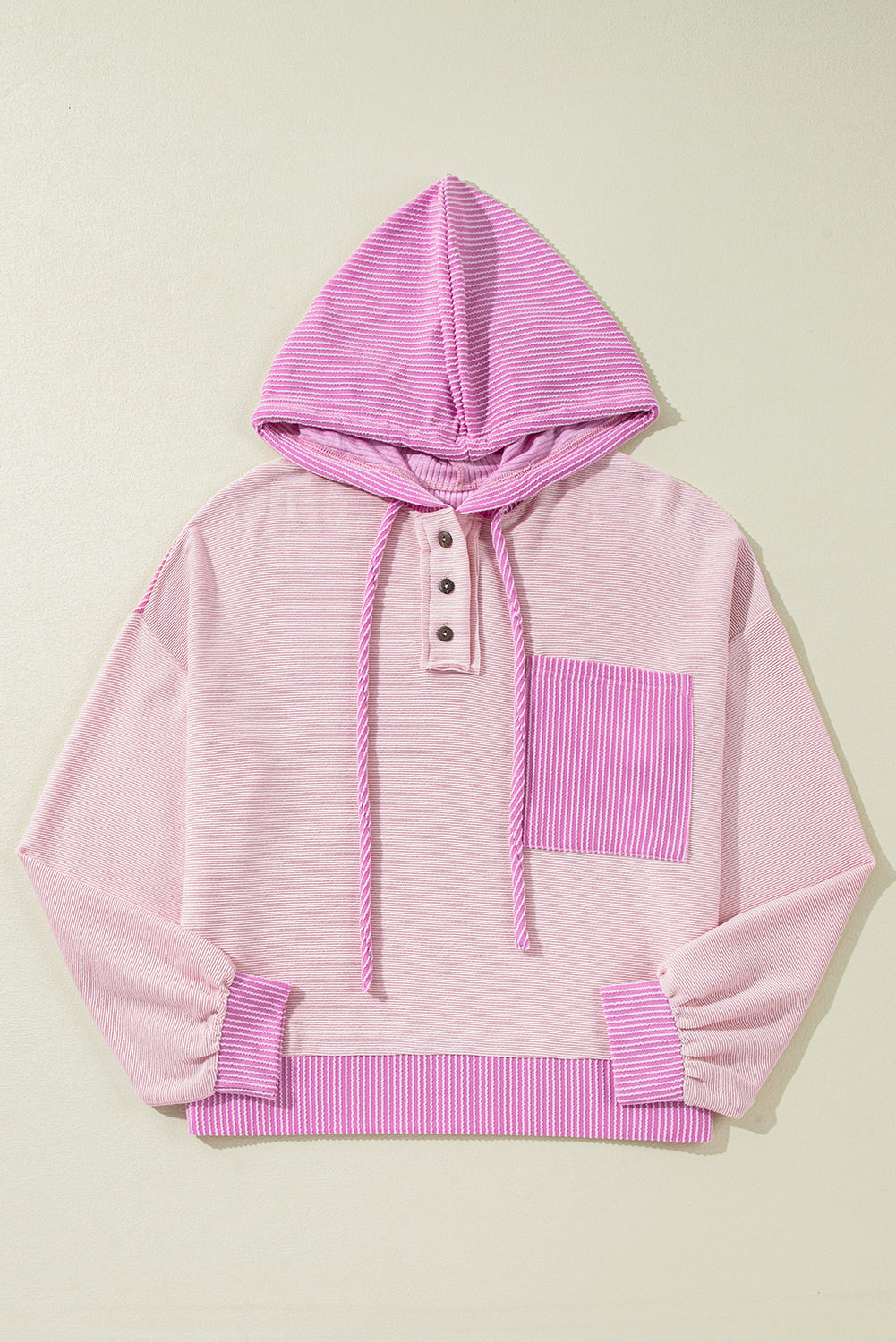 Light Pink Corded Patch Pocket Drawstring Henley Long Sleeve Tops