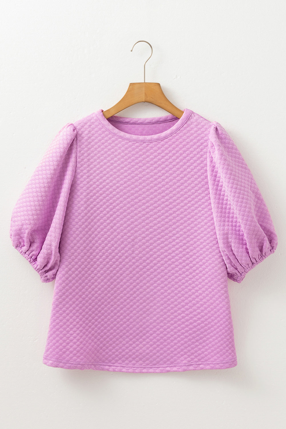 White Solid Textured O Neck Puff Sleeve Blouse
