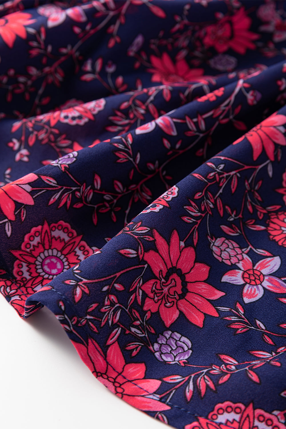 Purple Floral Puff Half Sleeve Split Neck Blouse