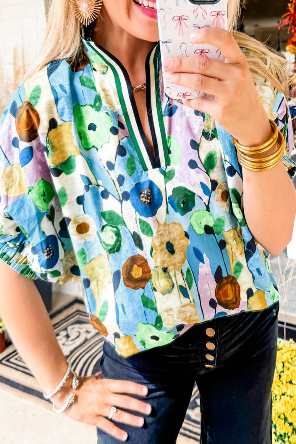 Light Blue V-Neck Floral Print Boho Blouse