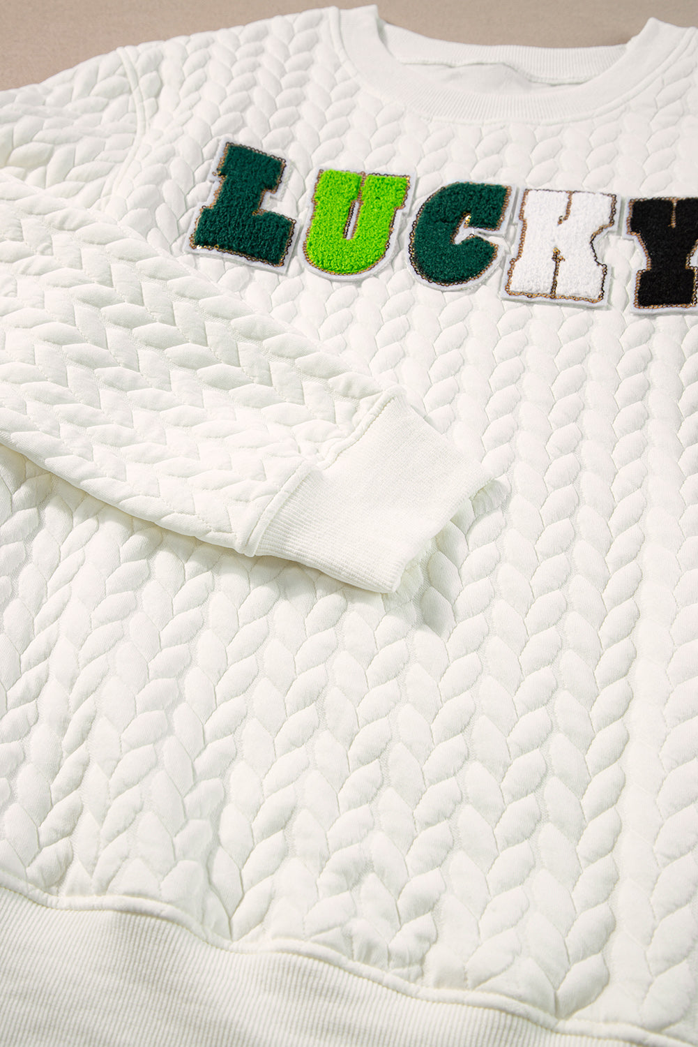 White XOXO Chenille Letter Patch Quilted Sweatshirt