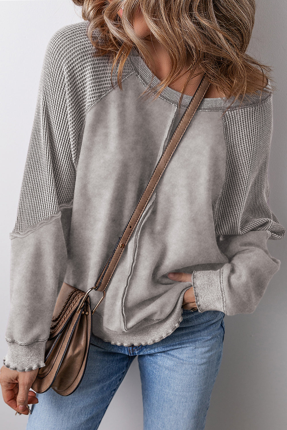 Pink Waffle Patchwork Raglan Sleeve Exposed Seam Sweatshirt
