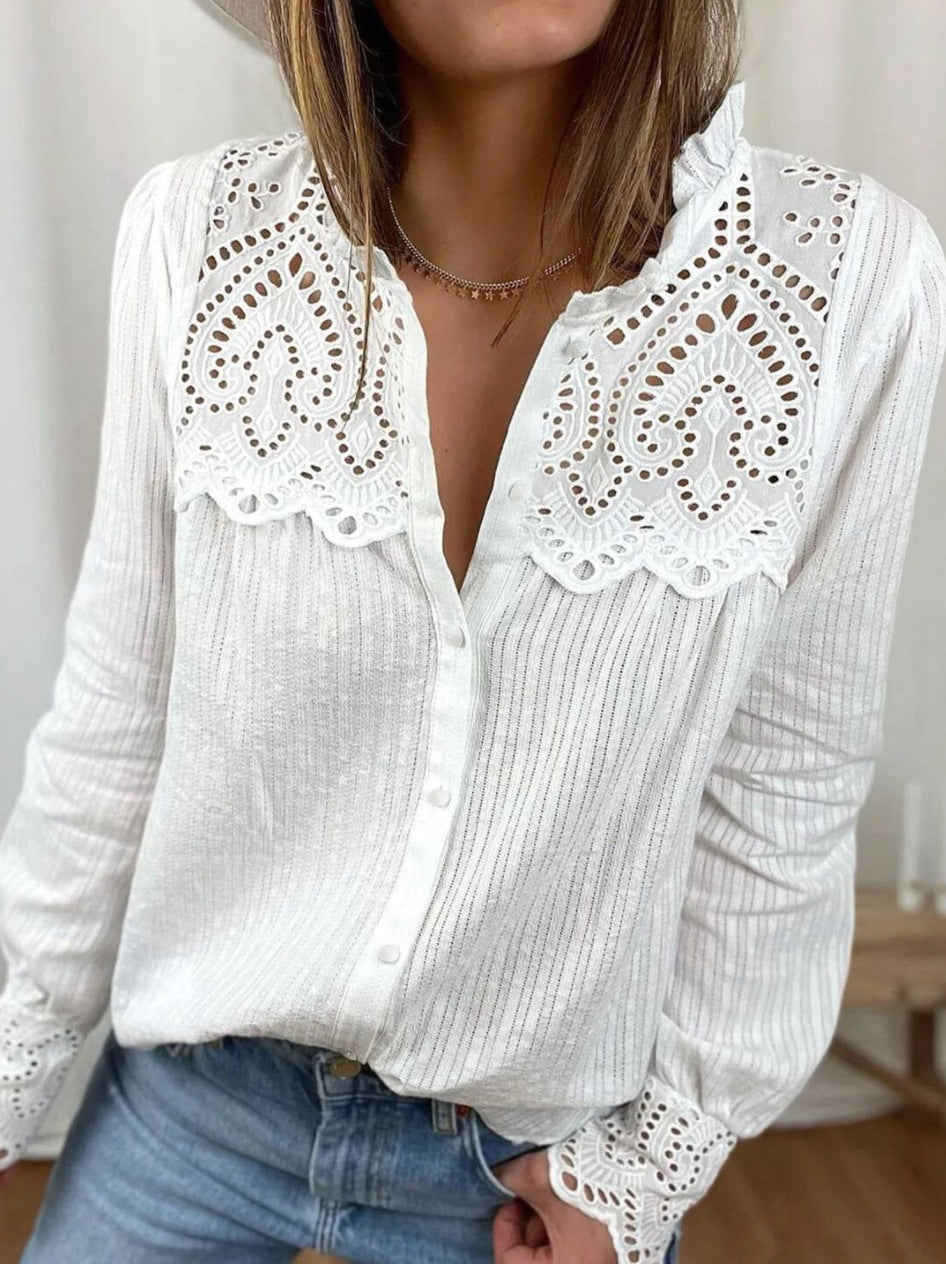 White Eyelet Lace Patchwork Textured Blouse