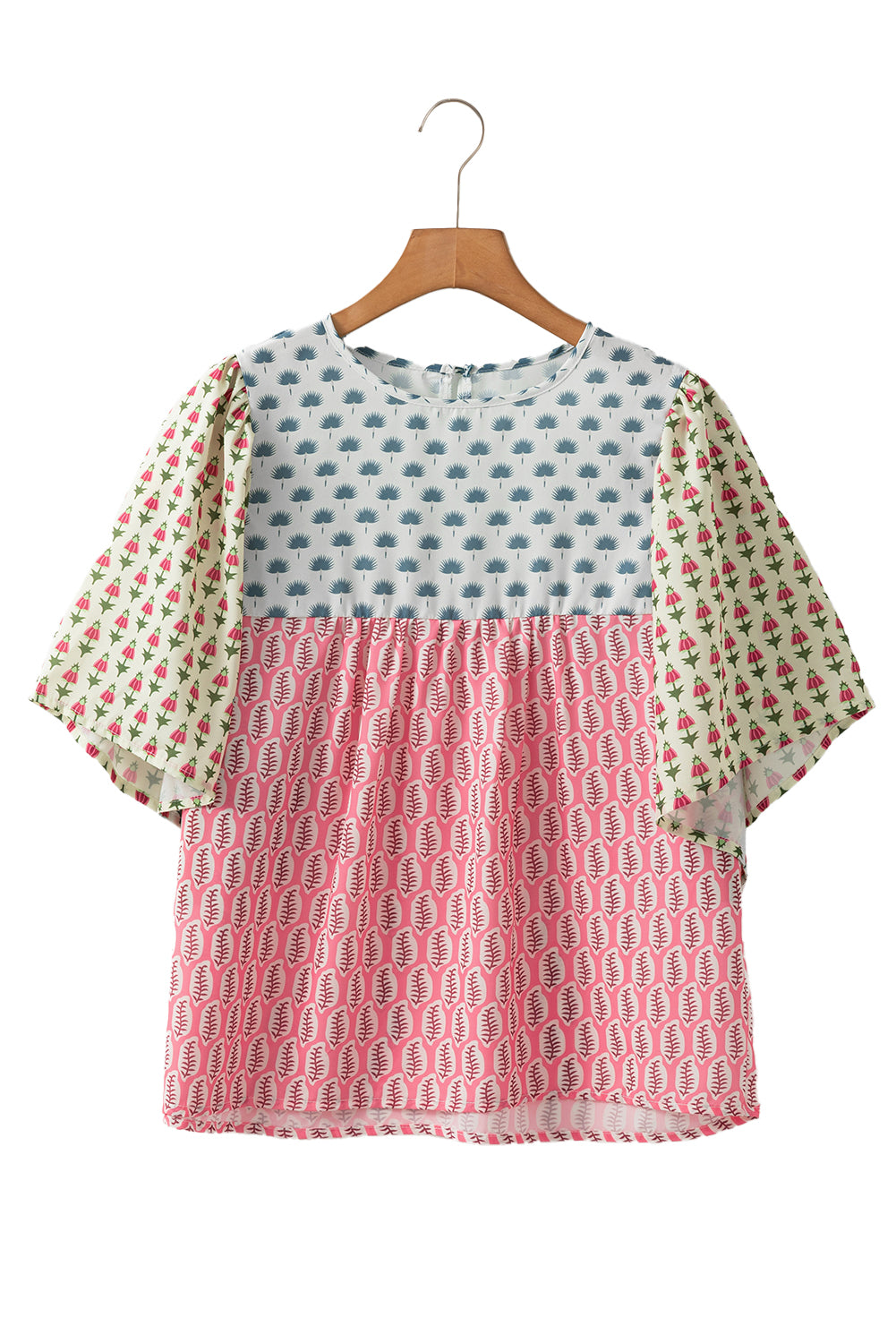 Red Colorblock Floral Flounce Sleeve Blouse
