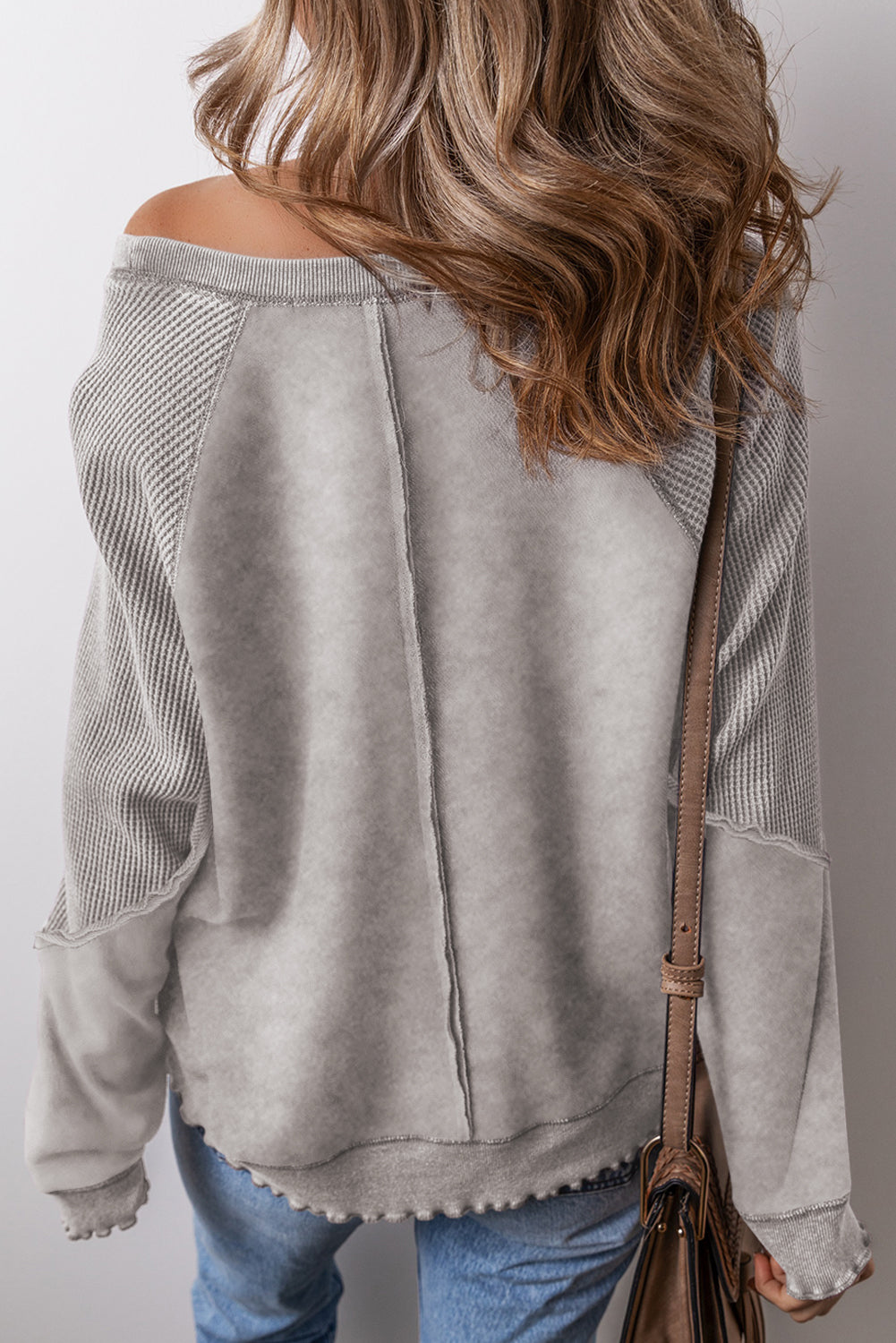 Pink Waffle Patchwork Raglan Sleeve Exposed Seam Sweatshirt