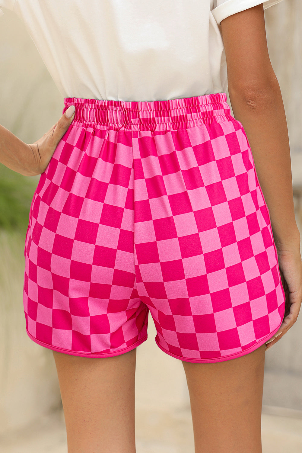 Black Checkered Drawstring Elastic Waist Casual Shorts