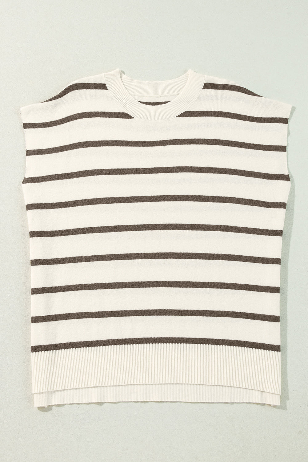 Brown Stripe Side Slits Short Sleeve Knit Top