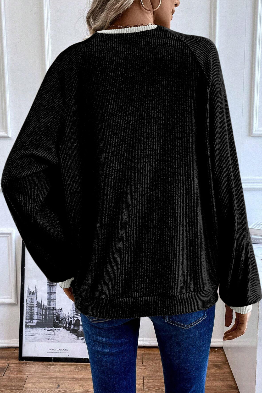 Jet Stream Contrast Ribbed Loose Fit Henley Top