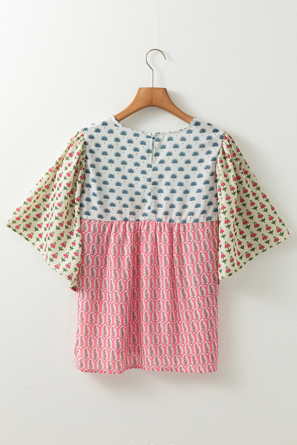 Red Colorblock Floral Flounce Sleeve Blouse