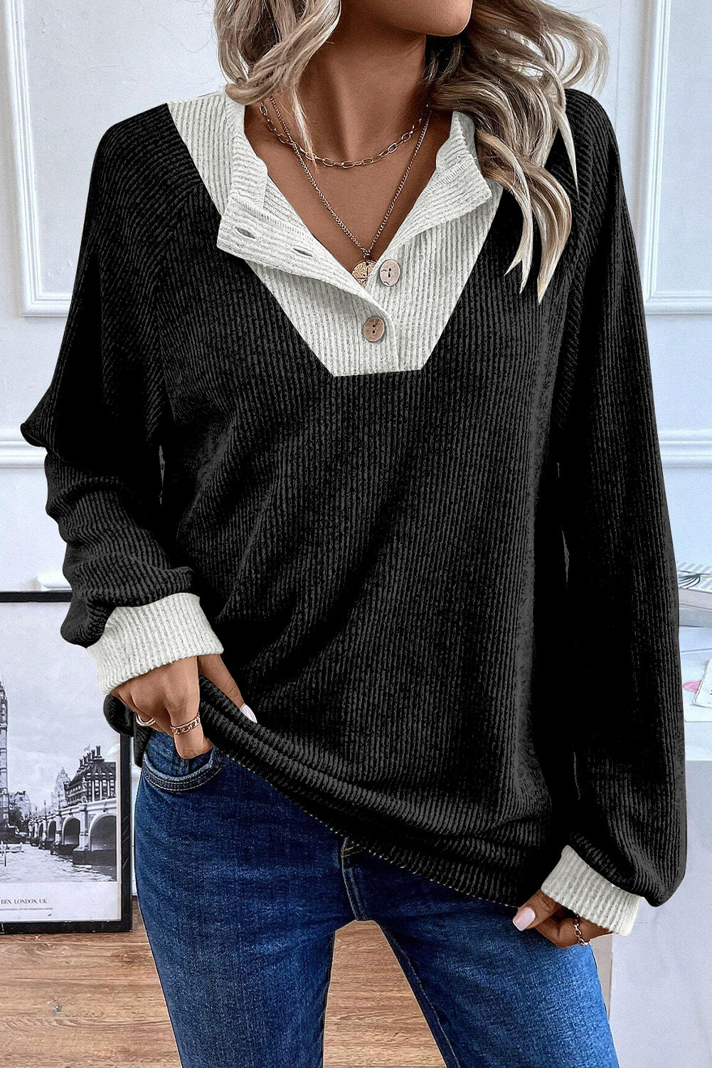 Jet Stream Contrast Ribbed Loose Fit Henley Top