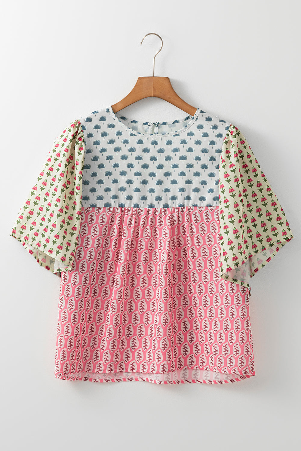 Red Colorblock Floral Flounce Sleeve Blouse