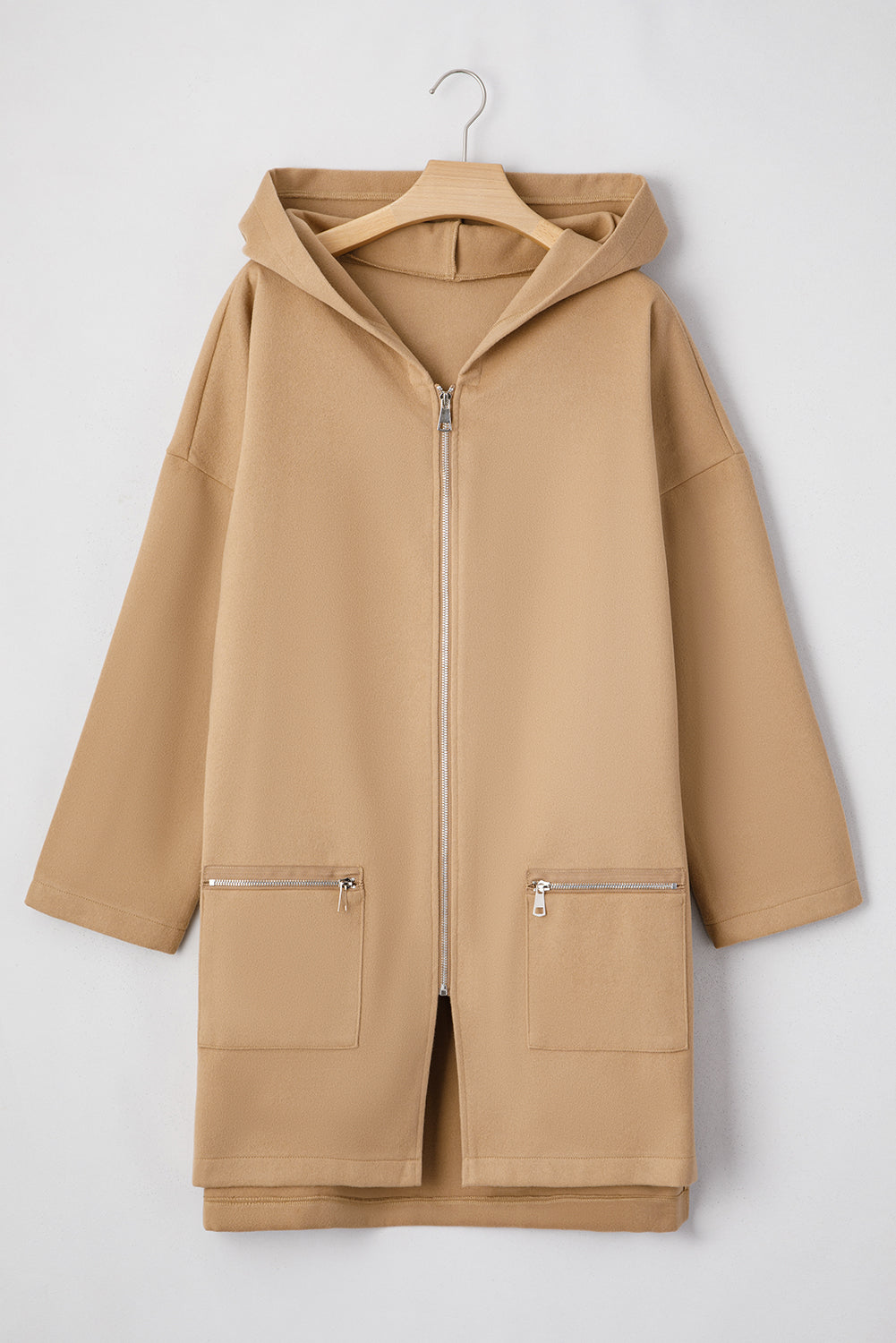 Light French Beige Solid Color Casual Zipper Hooded Jacket