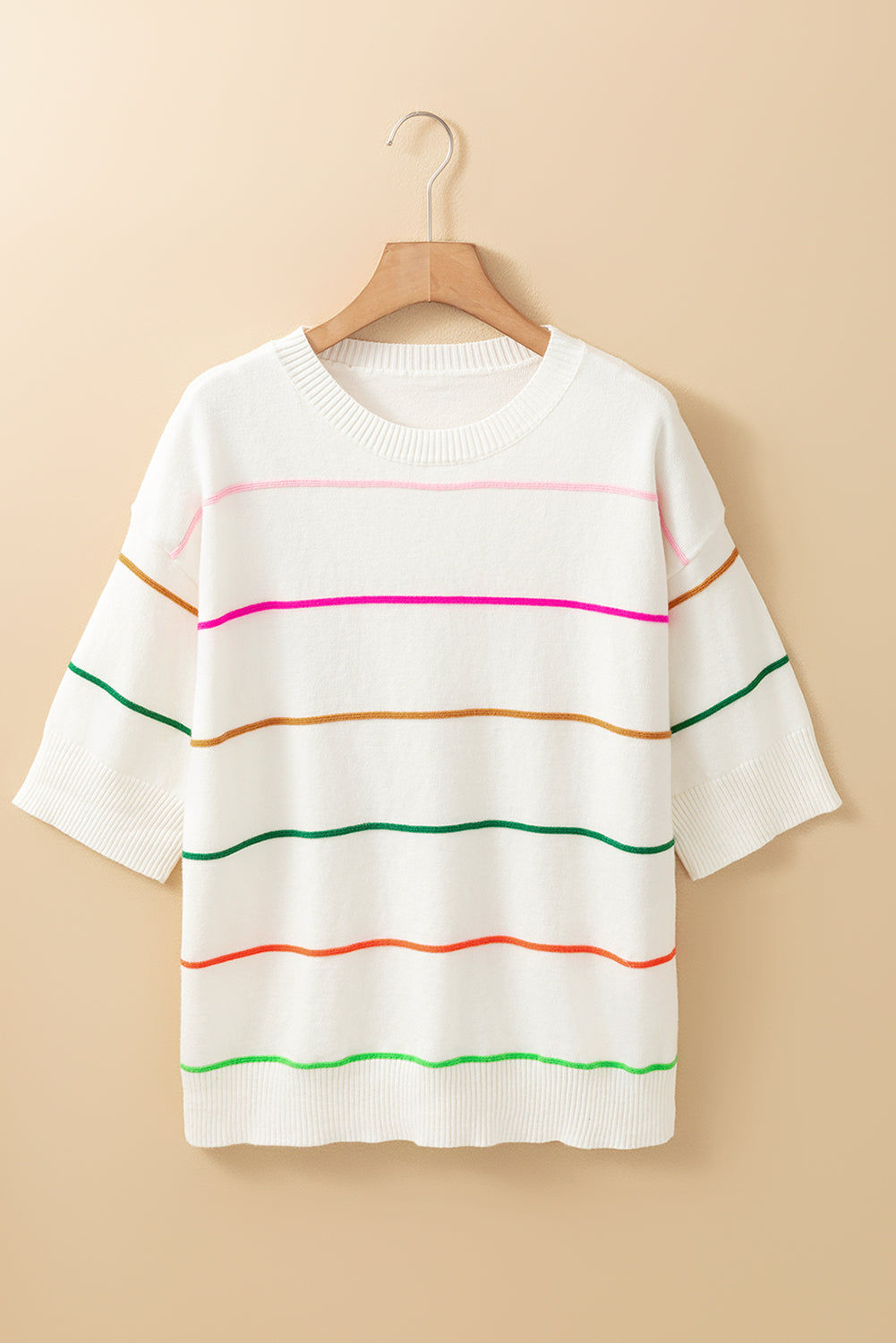 White Striped Half Sleeve Drop Shoulder Sweater