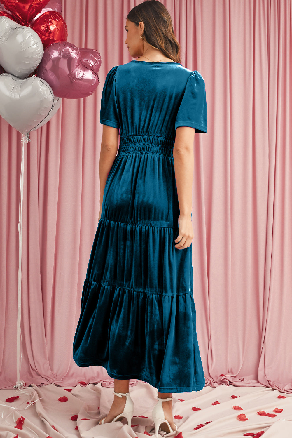 Red Dahlia Velvet Short Sleeve Shirred Waist Tiered Maxi Dress