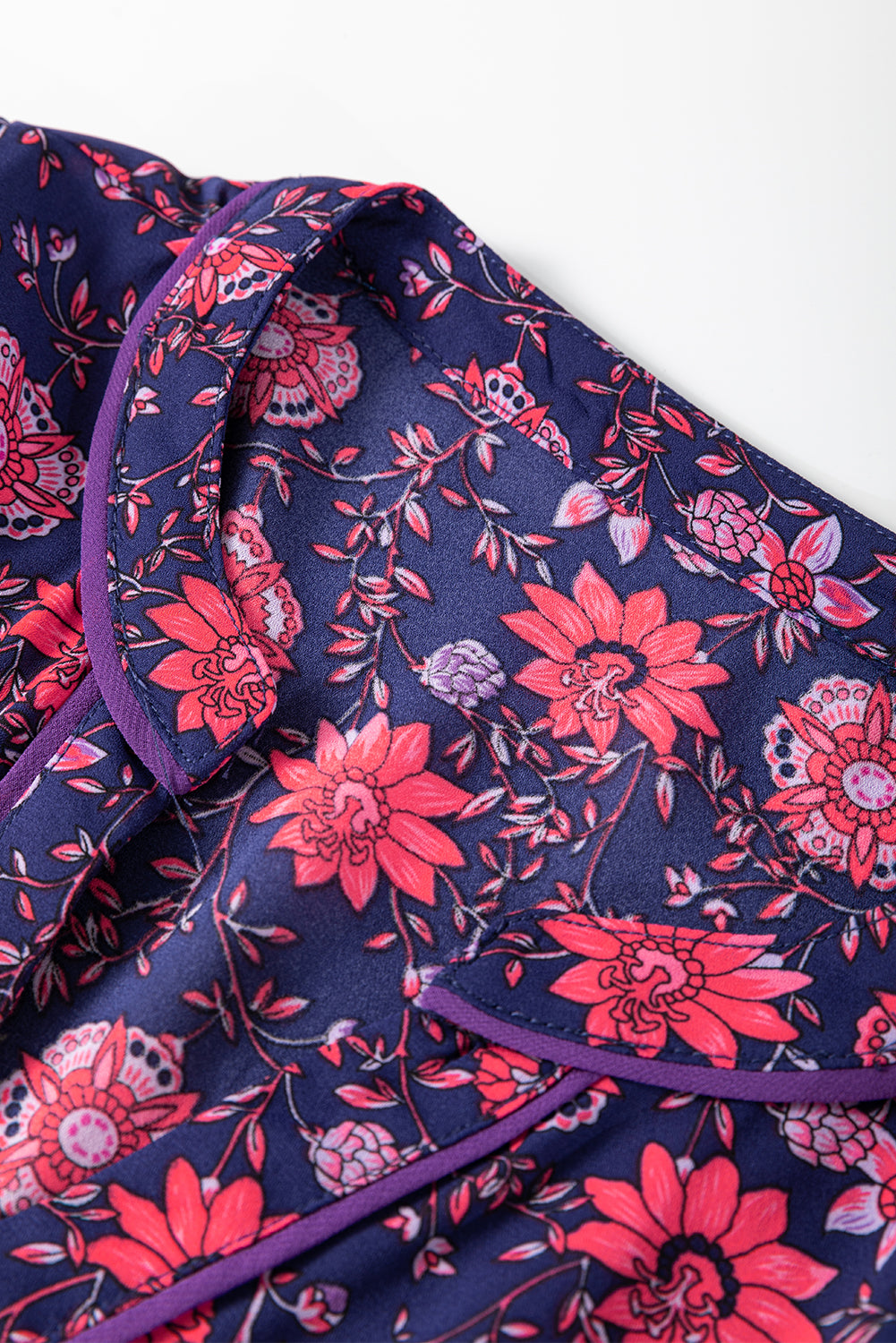 Purple Floral Puff Half Sleeve Split Neck Blouse