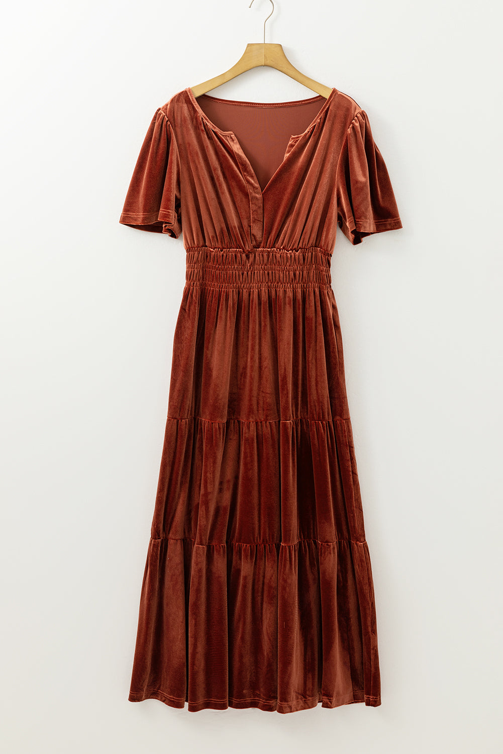 Red Dahlia Velvet Short Sleeve Shirred Waist Tiered Maxi Dress