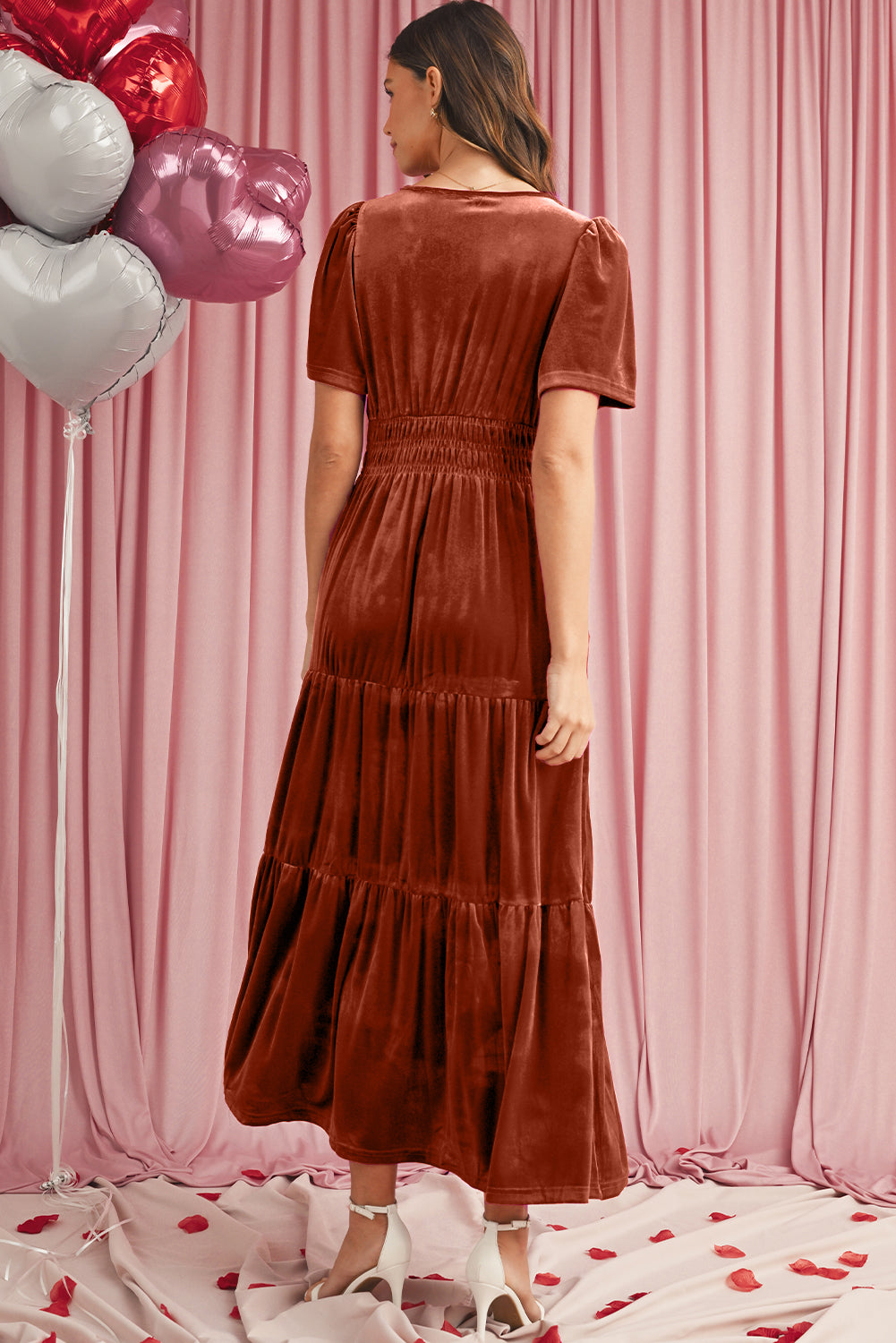 Red Dahlia Velvet Short Sleeve Shirred Waist Tiered Maxi Dress