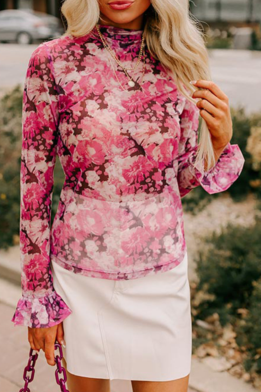 Rose Allover Floral Print Mesh Top