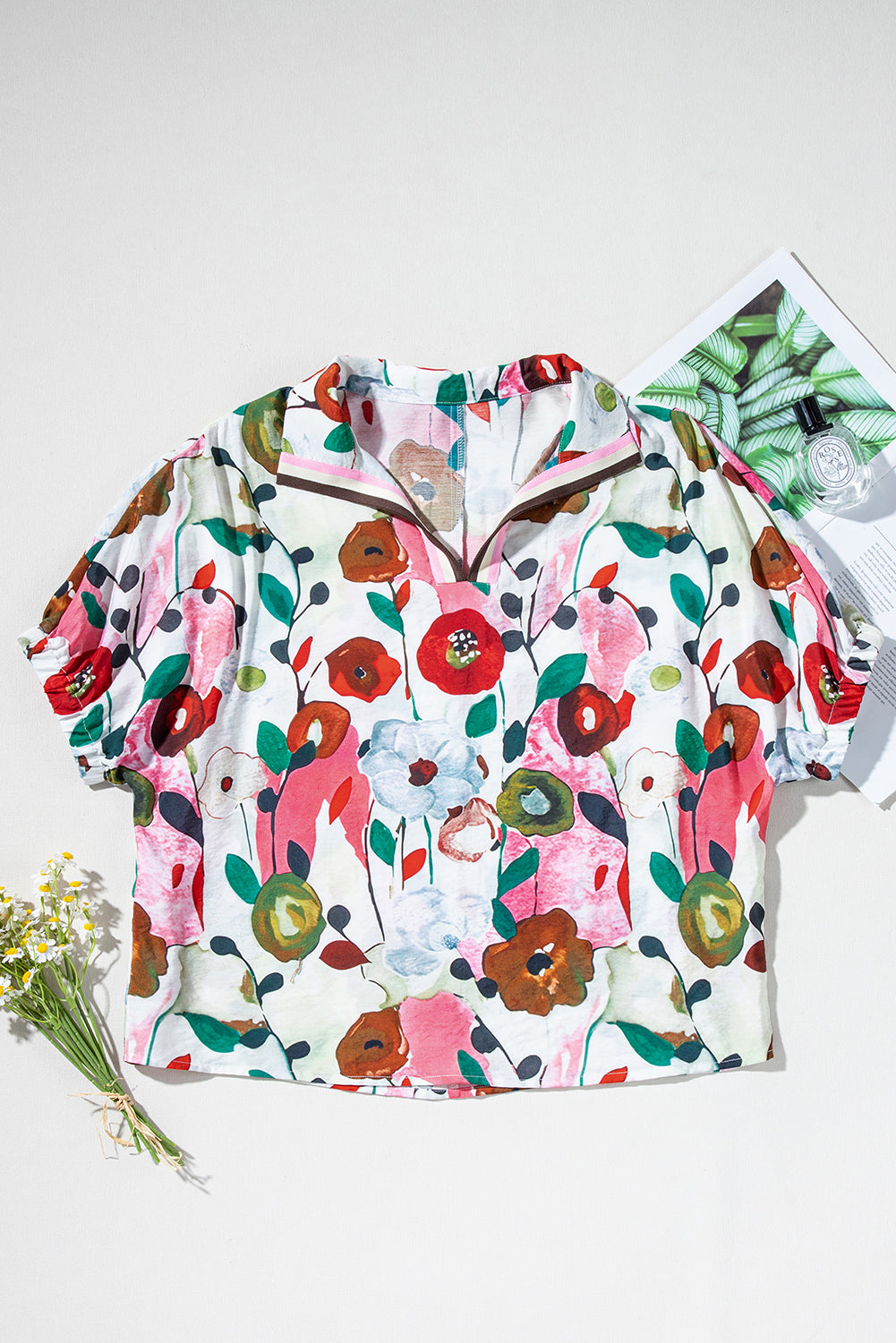Light Blue V-Neck Floral Print Boho Blouse