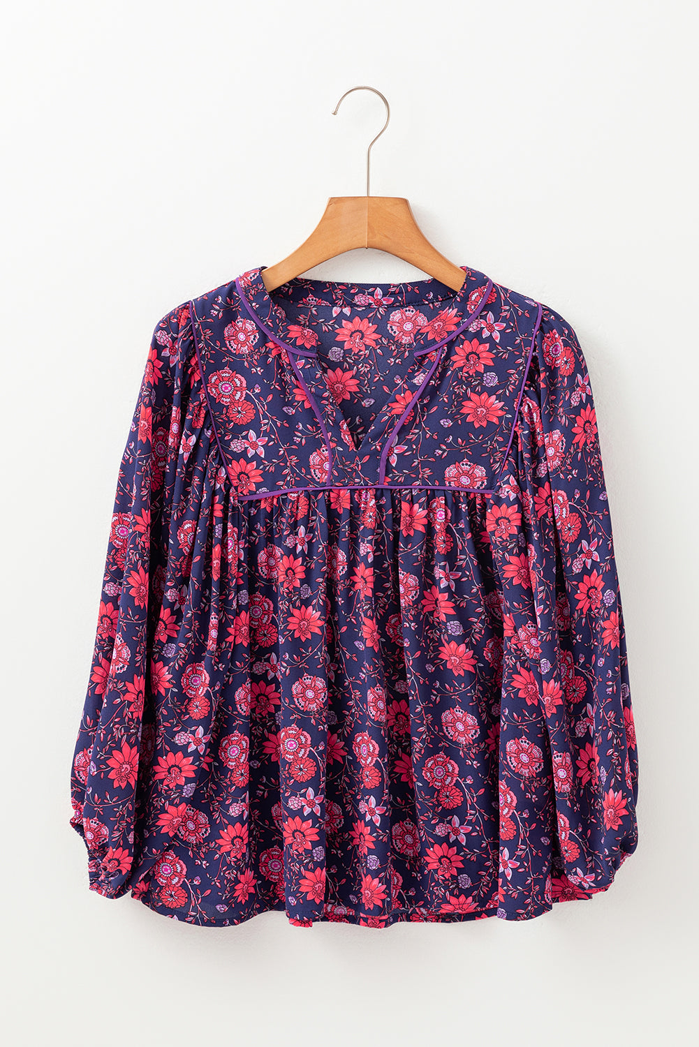 Purple Floral Puff Half Sleeve Split Neck Blouse