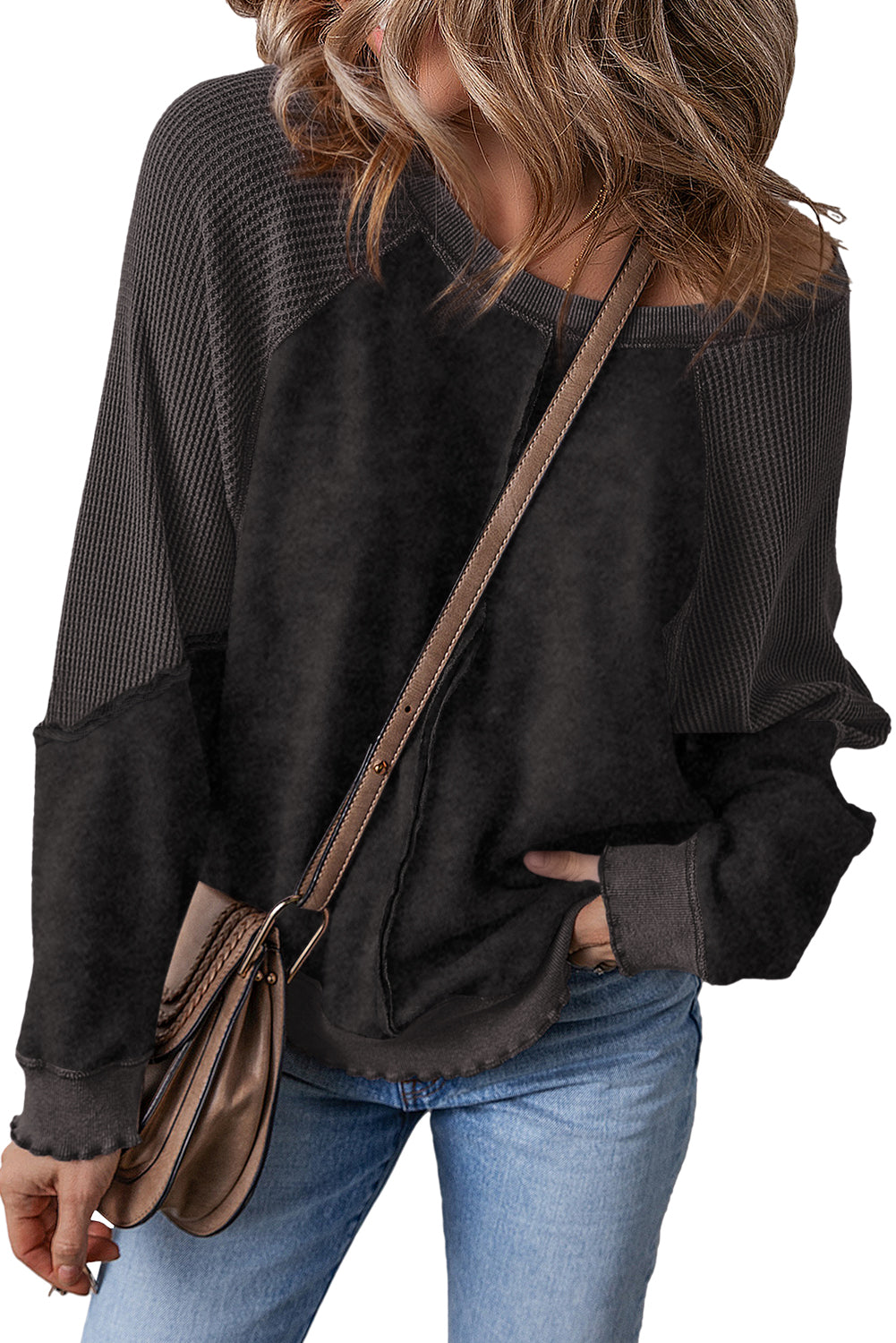 Pink Waffle Patchwork Raglan Sleeve Exposed Seam Sweatshirt
