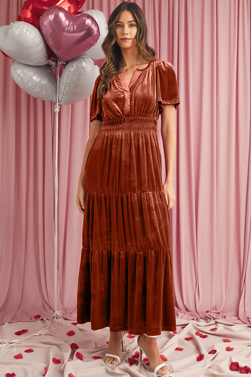 Red Dahlia Velvet Short Sleeve Shirred Waist Tiered Maxi Dress