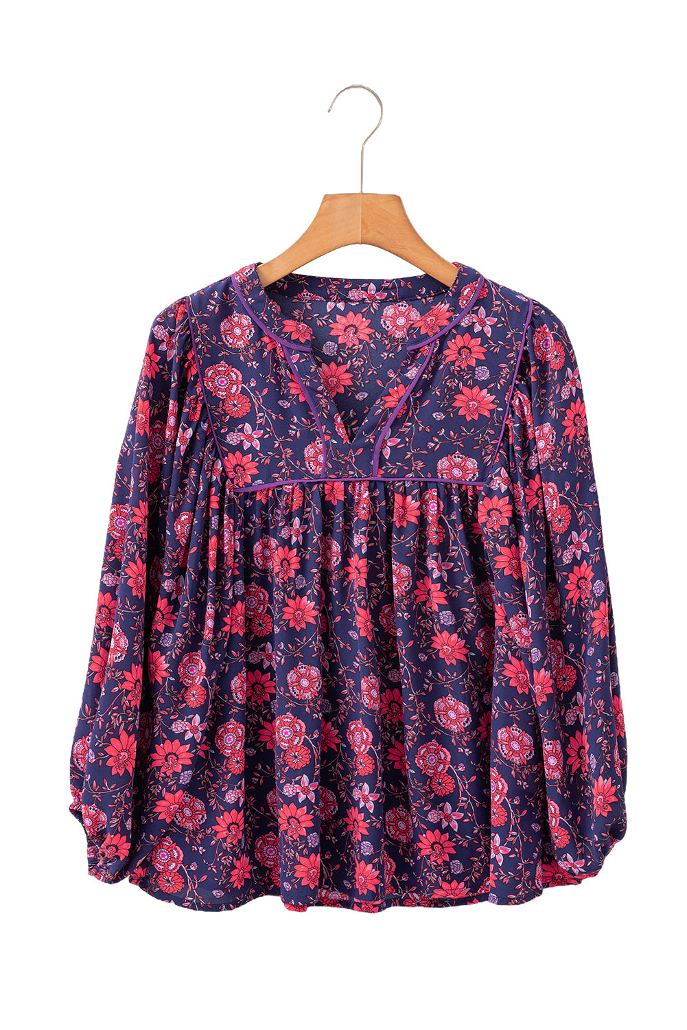 Purple Floral Puff Half Sleeve Split Neck Blouse
