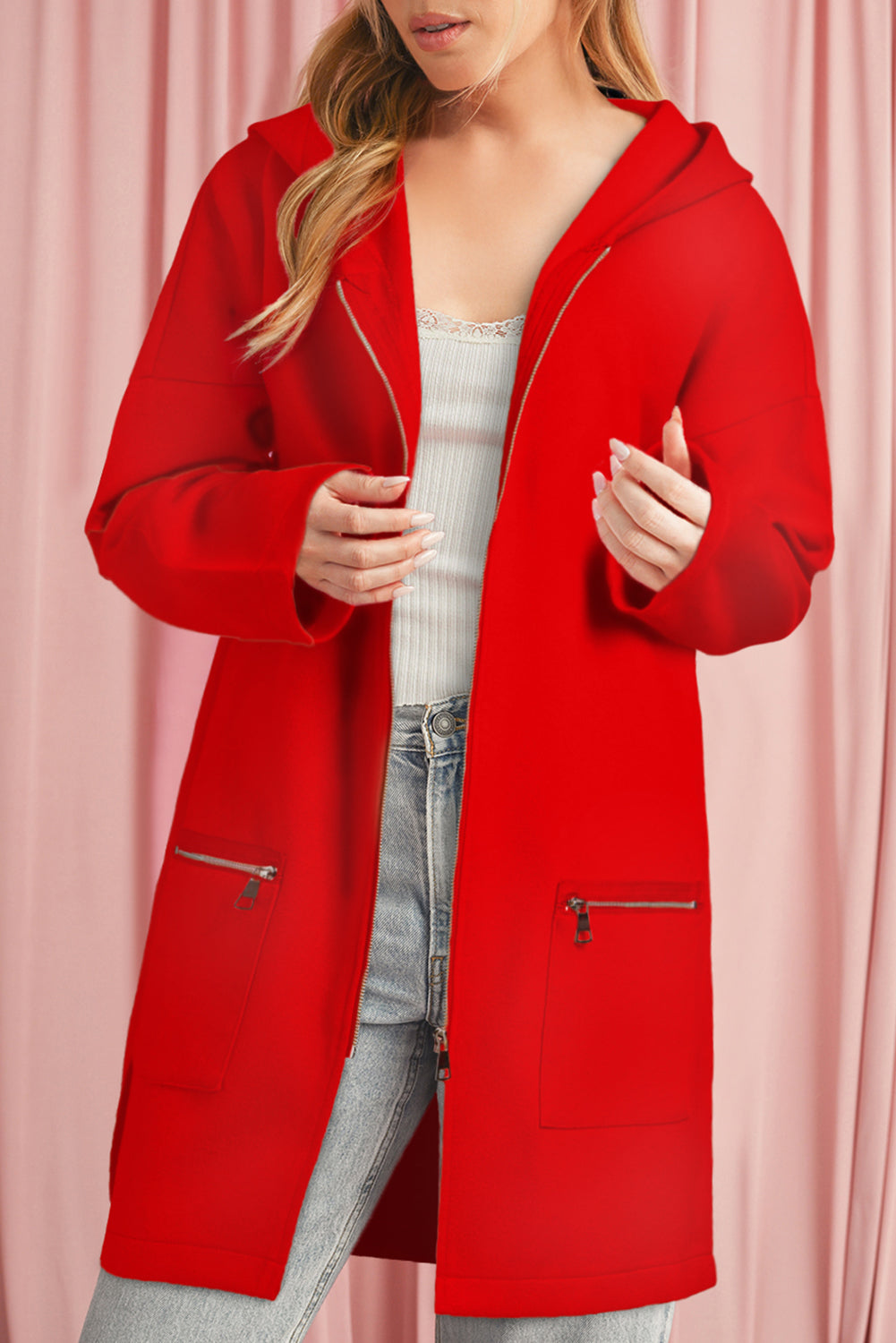 Light French Beige Solid Color Casual Zipper Hooded Jacket