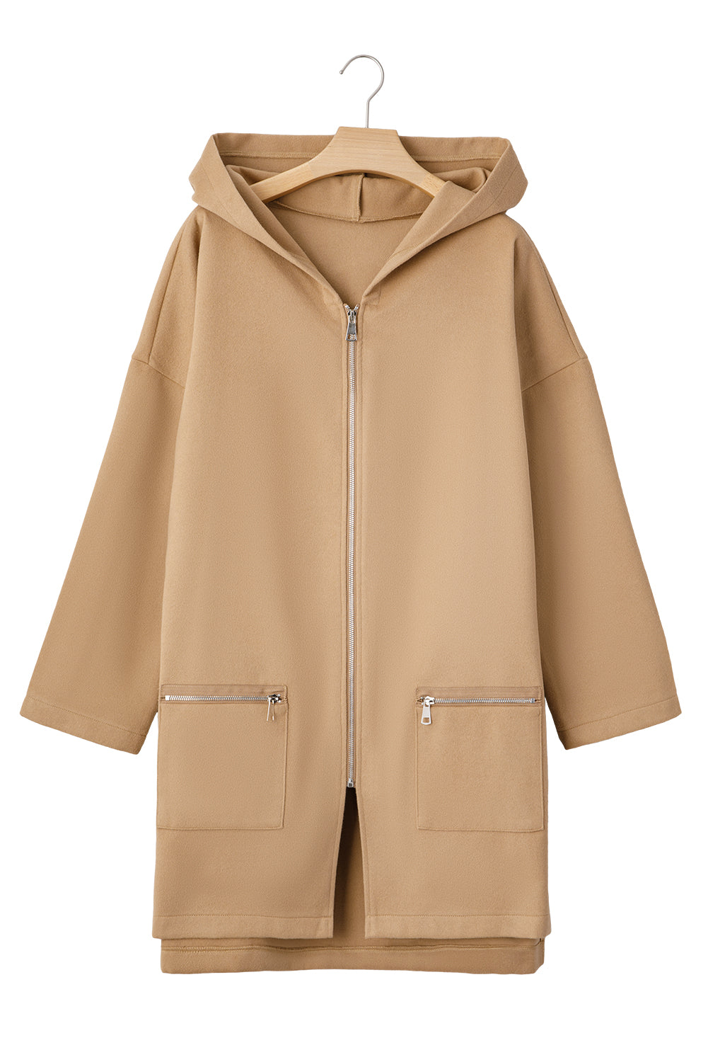Light French Beige Solid Color Casual Zipper Hooded Jacket