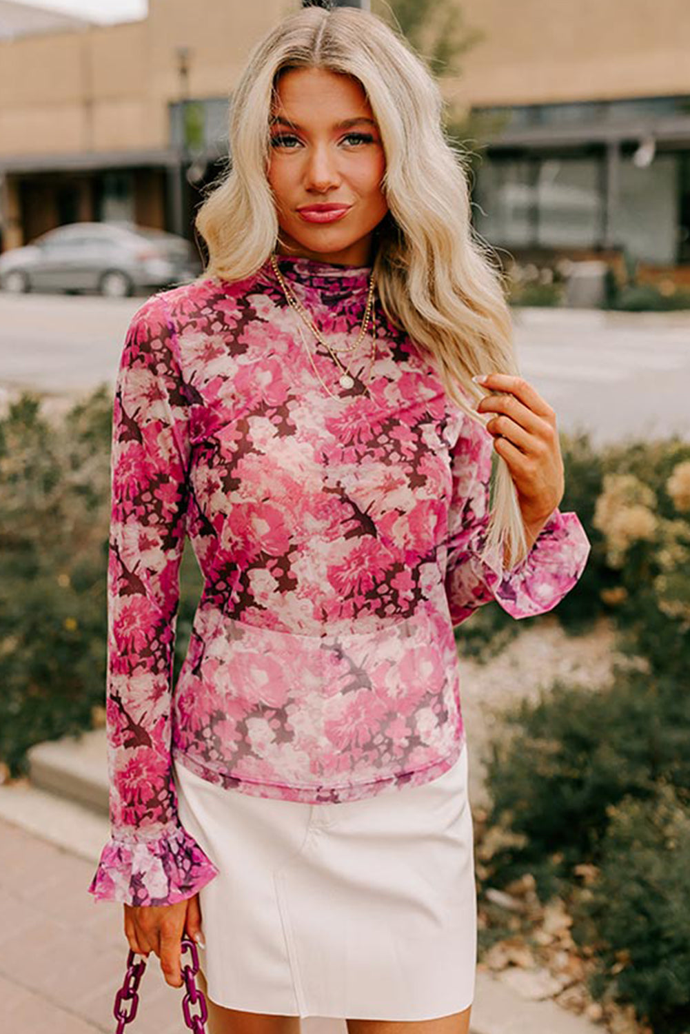 Rose Allover Floral Print Mesh Top