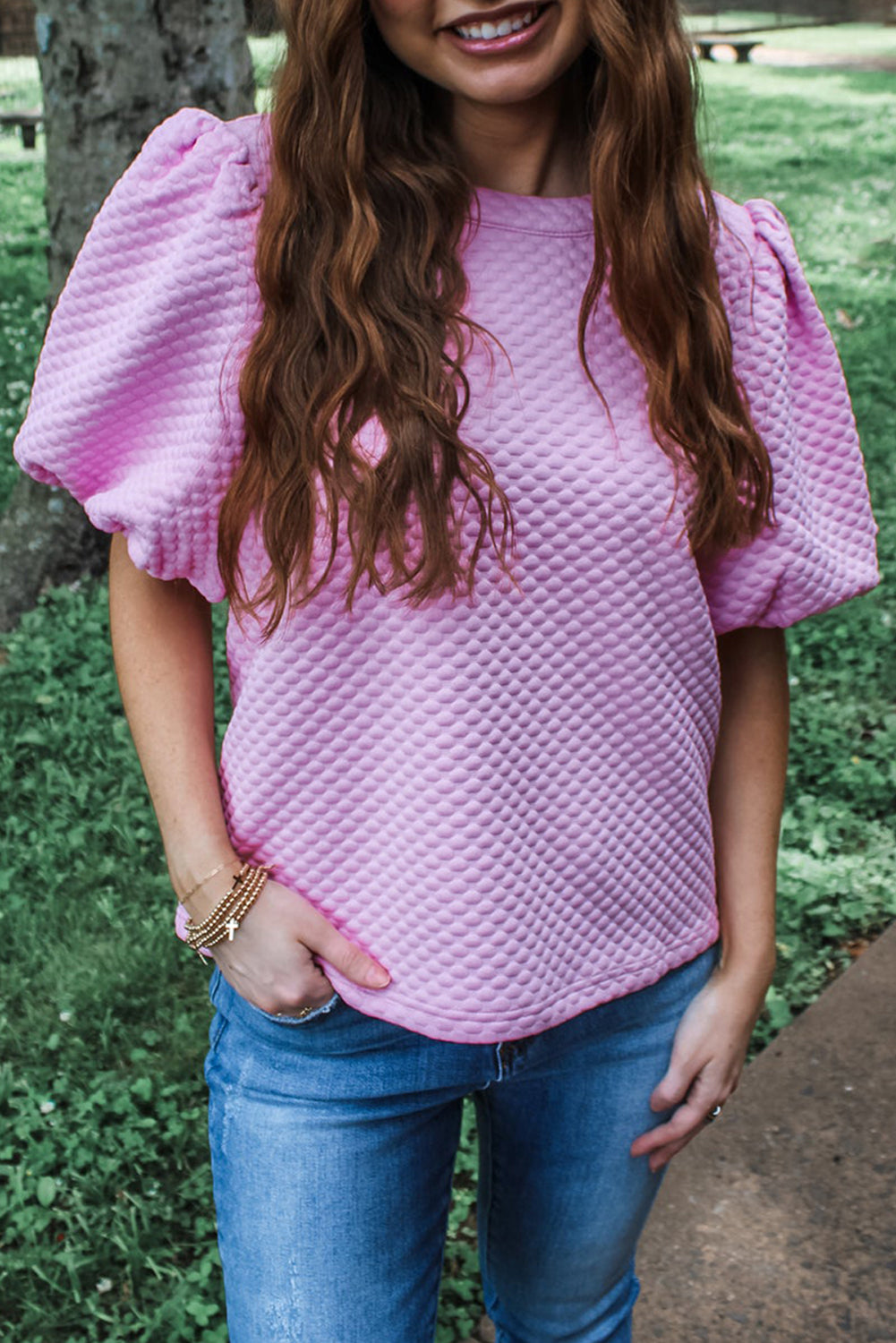 White Solid Textured O Neck Puff Sleeve Blouse