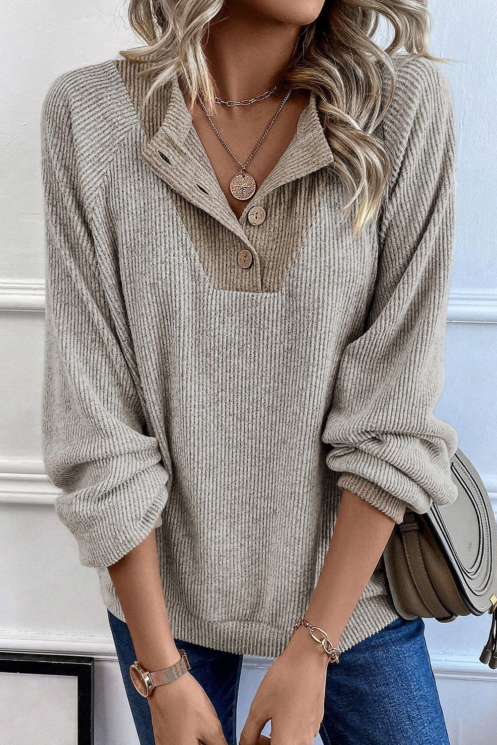 Jet Stream Contrast Ribbed Loose Fit Henley Top