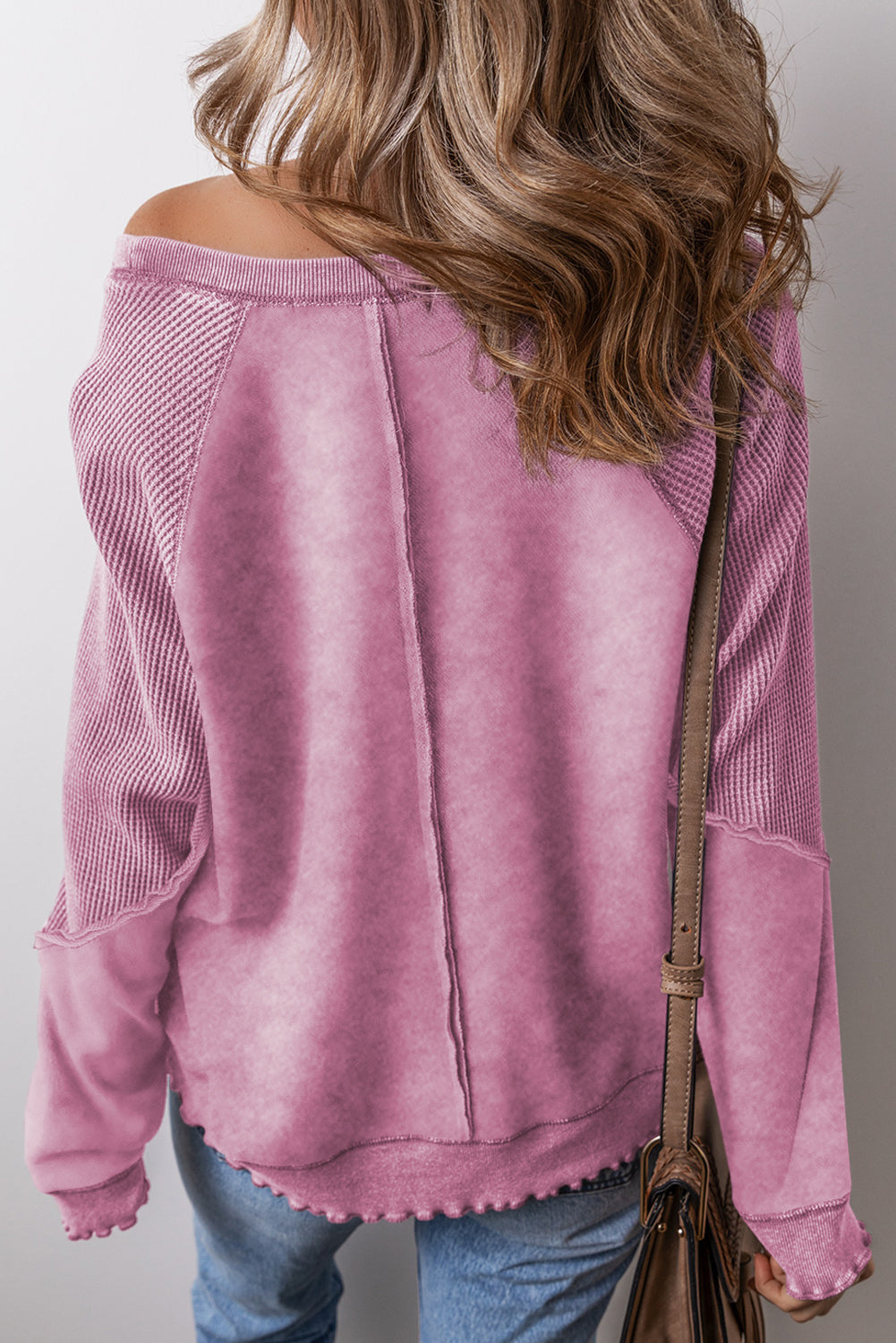 Pink Waffle Patchwork Raglan Sleeve Exposed Seam Sweatshirt