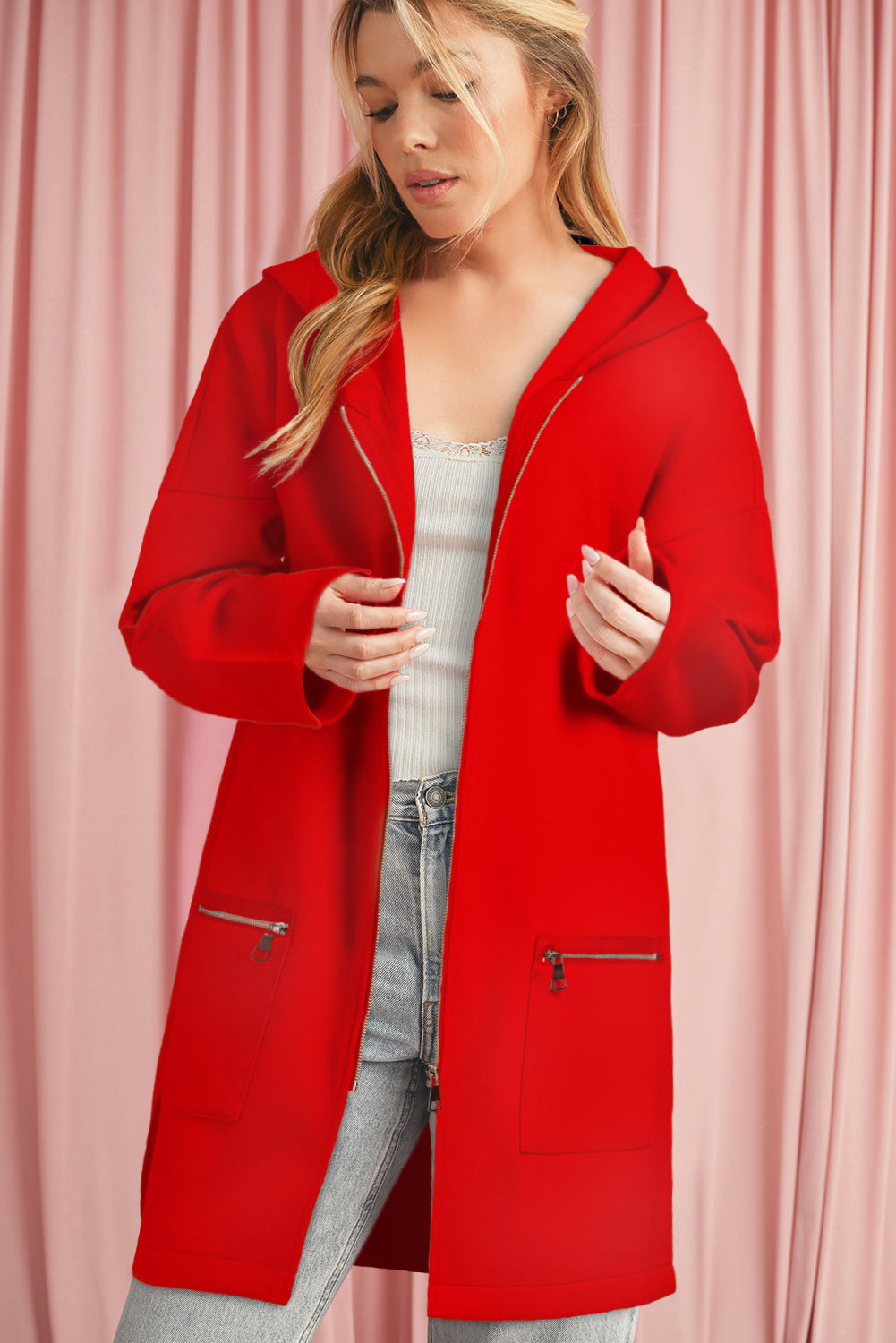 Light French Beige Solid Color Casual Zipper Hooded Jacket