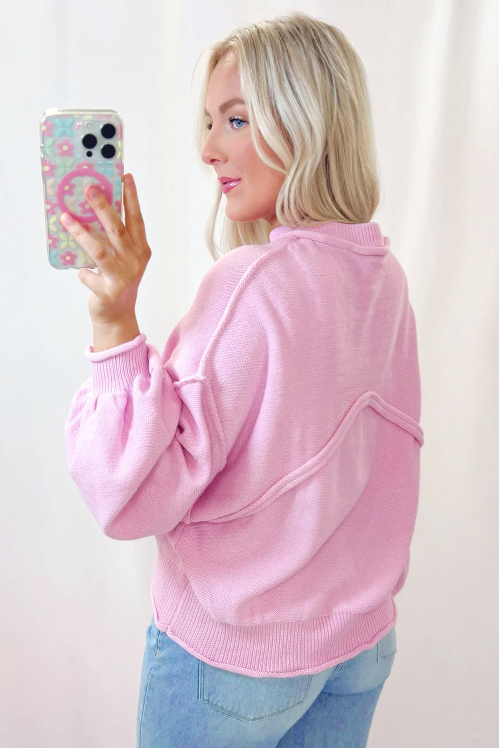 Pink Solid Color Pocket Bishop Sleeve Knit Sweater
