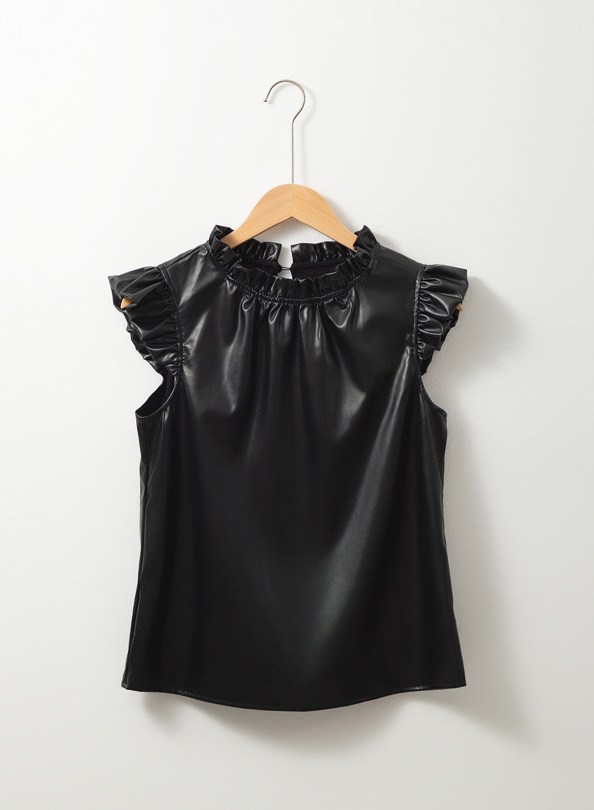 Black Solid Color Leather Frill Neck Ruffle Blouse