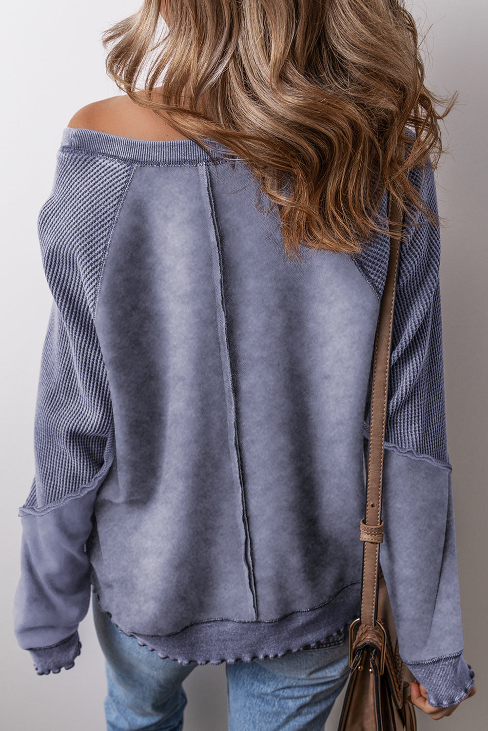Pink Waffle Patchwork Raglan Sleeve Exposed Seam Sweatshirt