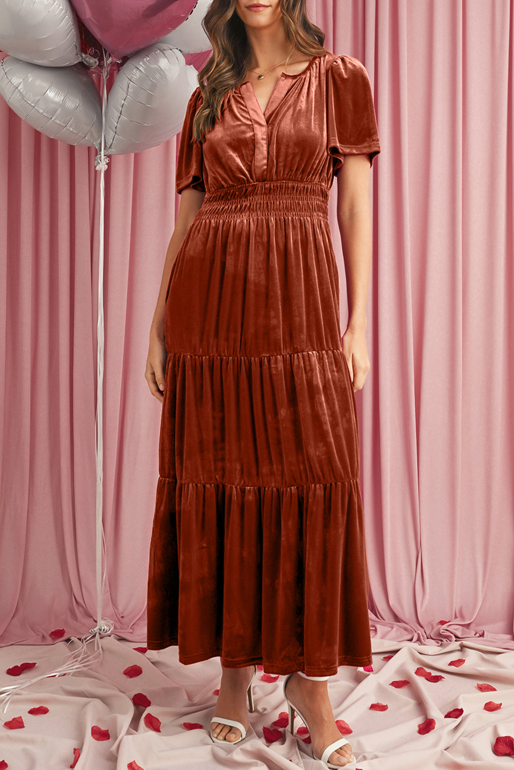 Red Dahlia Velvet Short Sleeve Shirred Waist Tiered Maxi Dress