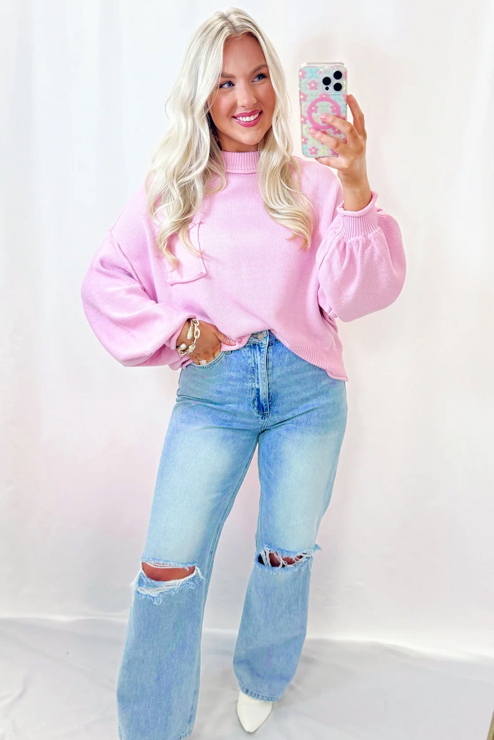 Pink Solid Color Pocket Bishop Sleeve Knit Sweater
