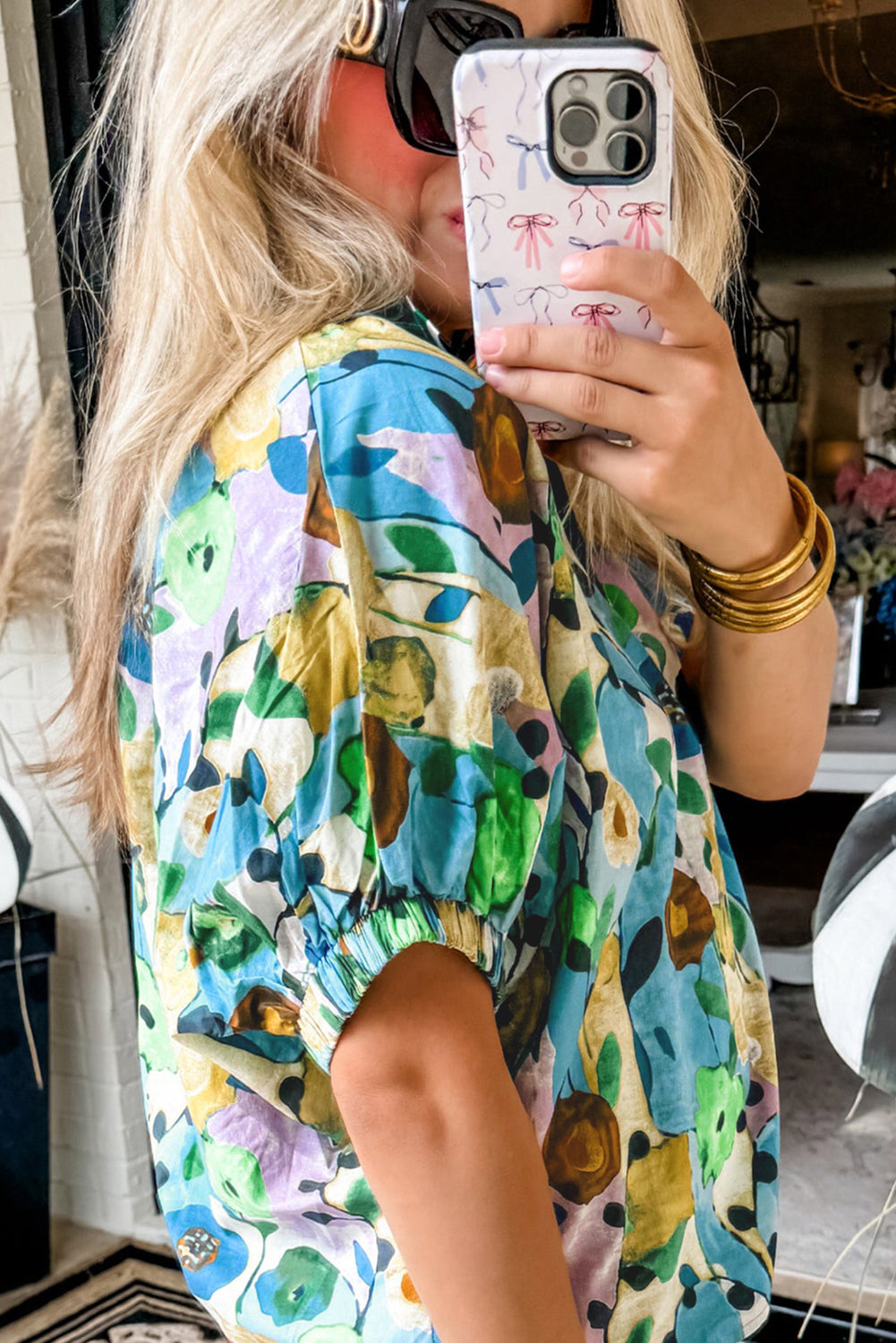 Light Blue V-Neck Floral Print Boho Blouse