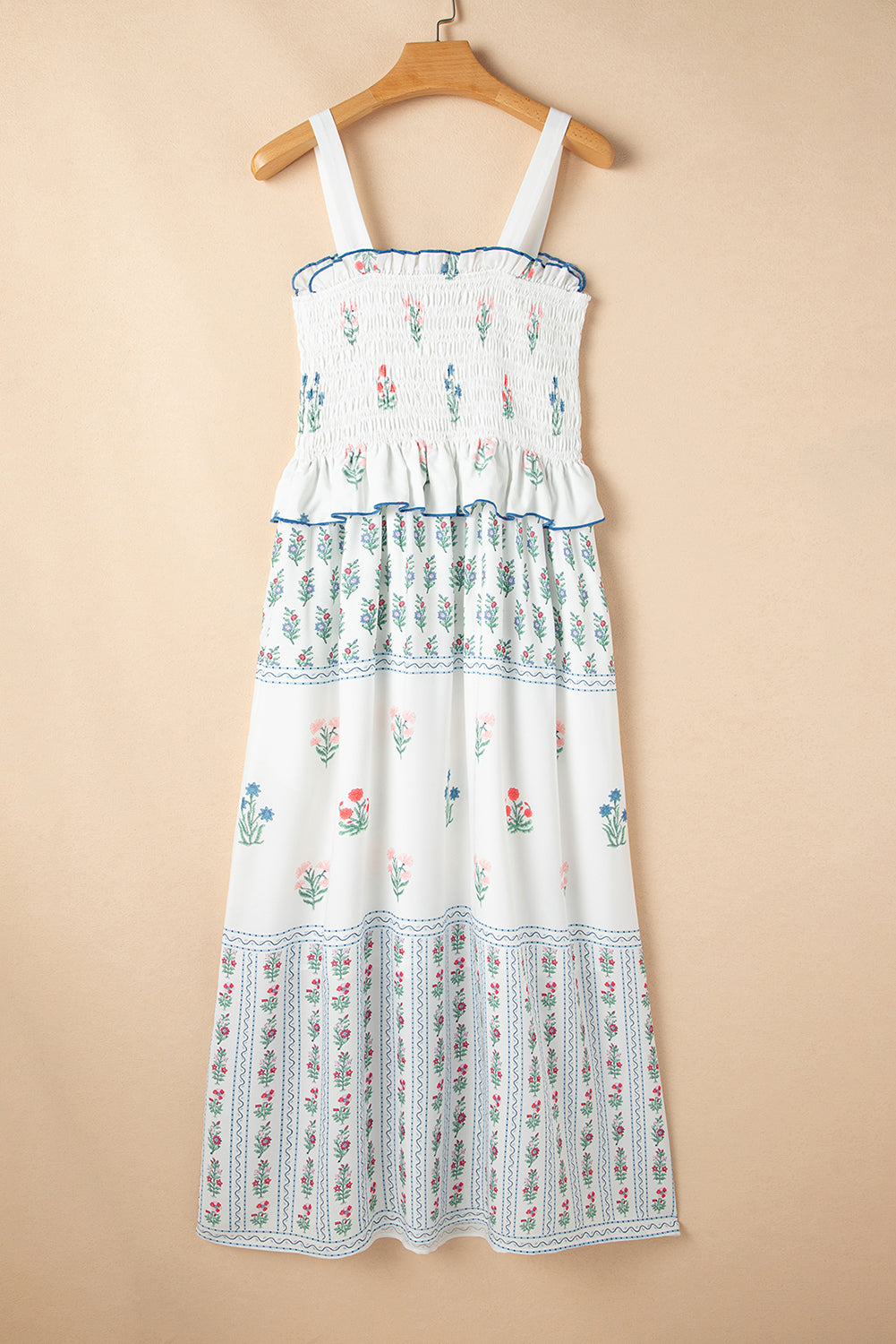 White Floral Print Frill Smocked Bodice Boho Dress