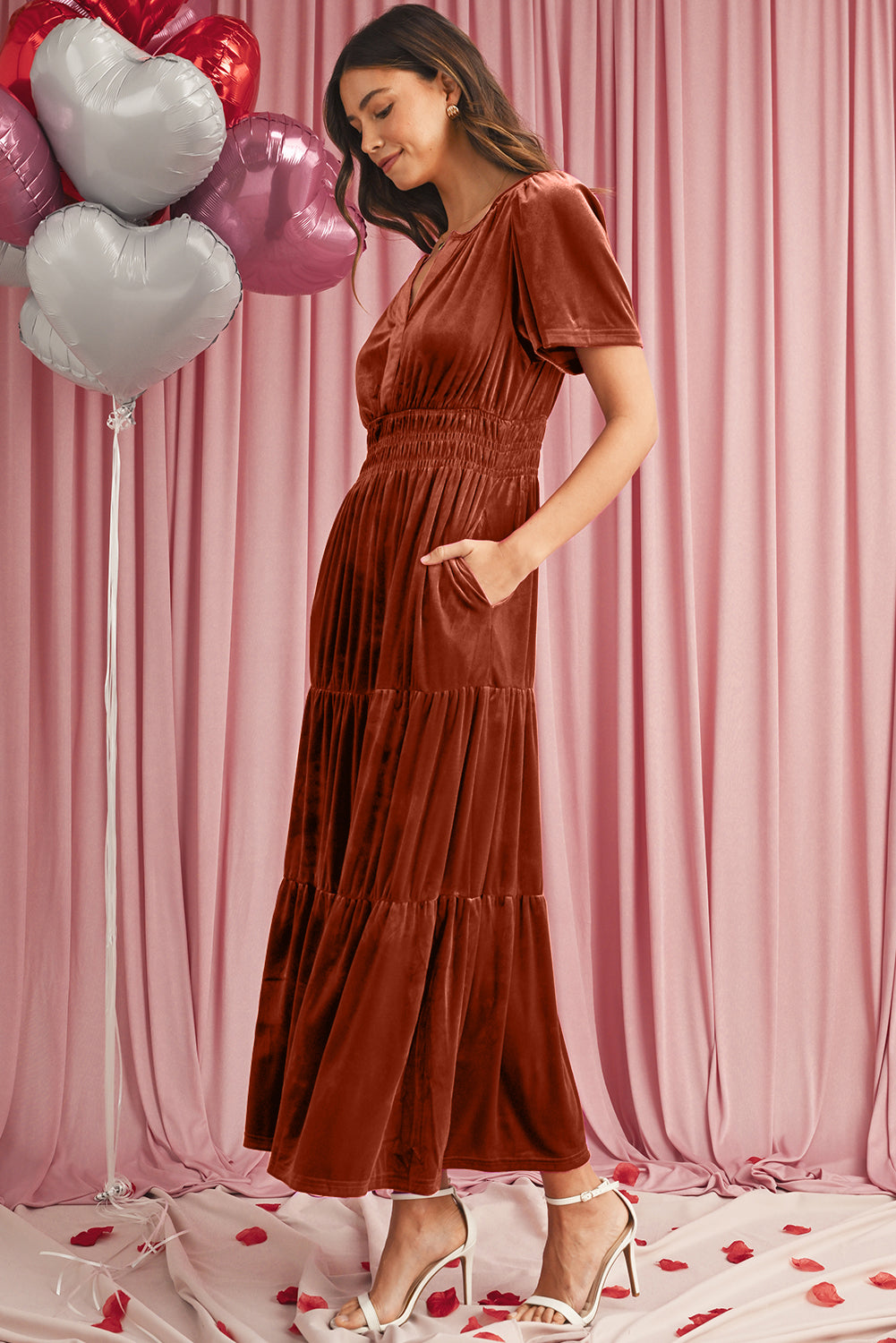 Red Dahlia Velvet Short Sleeve Shirred Waist Tiered Maxi Dress